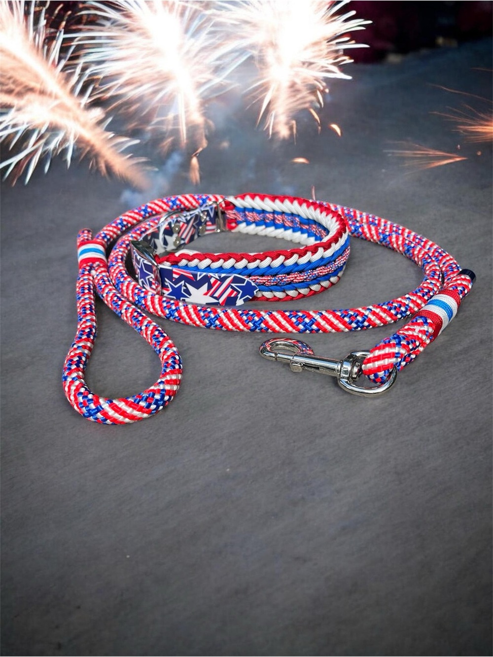Patriotic Red, White & Blue Braided Dog Leash and Collar Set